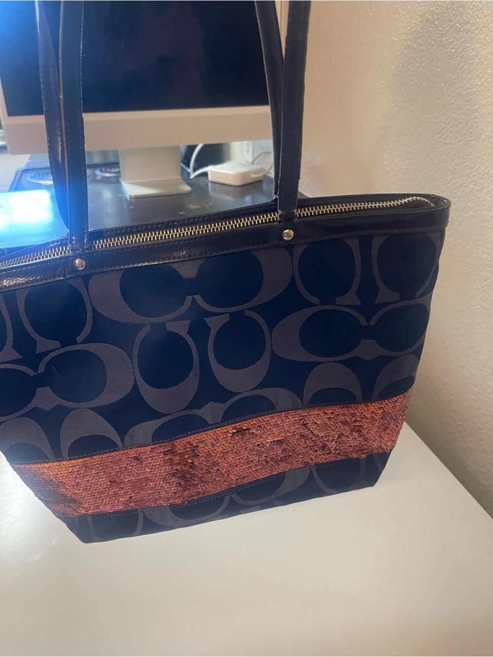Coach Black Signature Tote with Copper Sequin Stripe